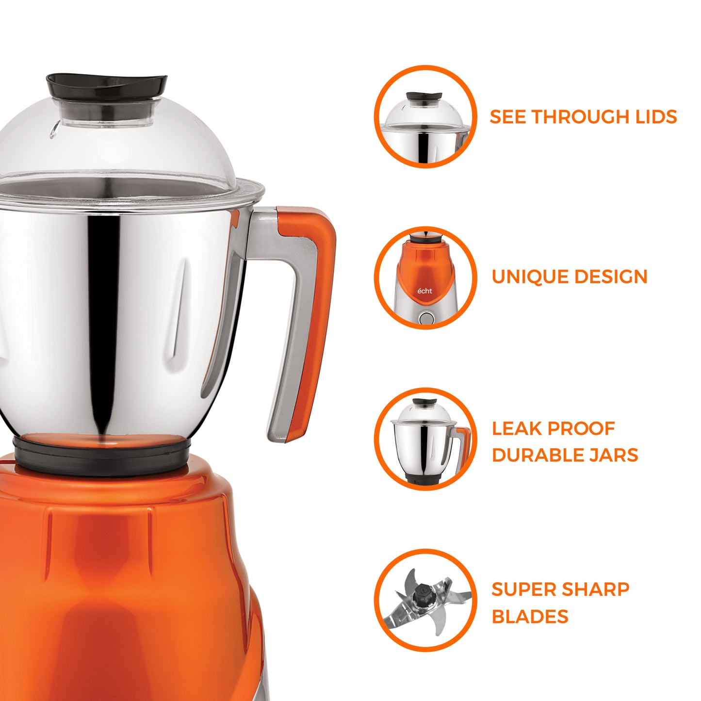 Echt ZR 7S Mixer Grinder 750 Watt, 3 Stainless Steel Jars, Wet Jar (1500 ml), Multipurpose Jar (1000 ml) and Chutney Jar (300ml); with 3 Speed Control, with 2 years warranty, Silver+ Orange