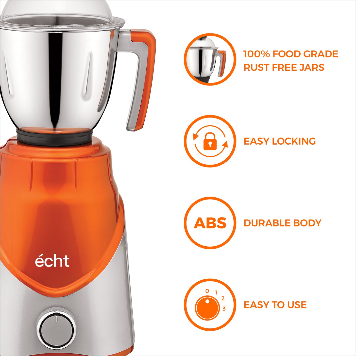 Echt ZR 7S Mixer Grinder 750 Watt, 3 Stainless Steel Jars, Wet Jar (1500 ml), Multipurpose Jar (1000 ml) and Chutney Jar (300ml); with 3 Speed Control, with 2 years warranty, Silver+ Orange