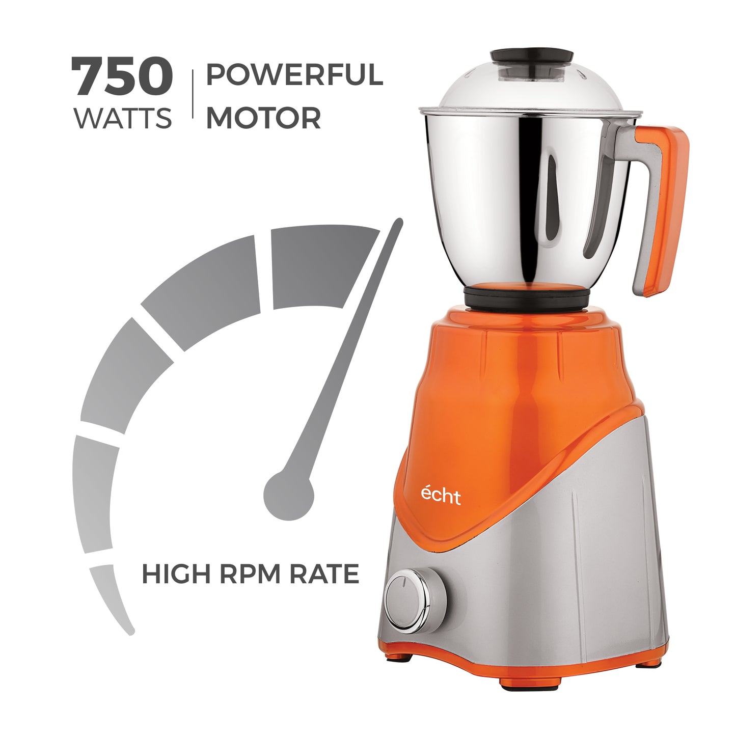 Echt ZR 7S Mixer Grinder 750 Watt, 3 Stainless Steel Jars, Wet Jar (1500 ml), Multipurpose Jar (1000 ml) and Chutney Jar (300ml); with 3 Speed Control, with 2 years warranty, Silver+ Orange