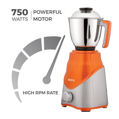 Echt ZR 7S Mixer Grinder 750 Watt, 3 Stainless Steel Jars, Wet Jar (1500 ml), Multipurpose Jar (1000 ml) and Chutney Jar (300ml); with 3 Speed Control, with 2 years warranty, Silver+ Orange