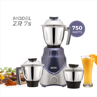 Echt ZR 7S Mixer Grinder 750 Watt, 3 Stainless Steel Jars, Wet Jar (1500 ml), Multipurpose Jar (1000 ml) and Chutney Jar (300ml) ; with 3 Speed Control, with 2 years warranty, Silver + Blue