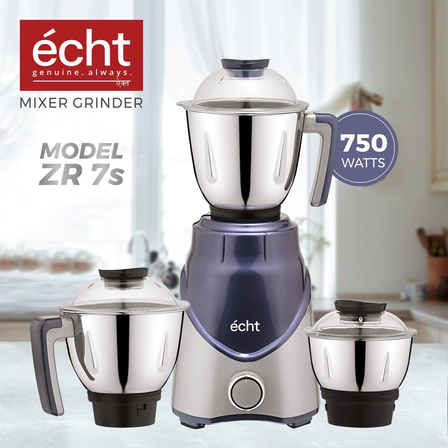 Echt ZR 7S Mixer Grinder 750 Watt, 3 Stainless Steel Jars, Wet Jar (1500 ml), Multipurpose Jar (1000 ml) and Chutney Jar (300ml) ; with 3 Speed Control, with 2 years warranty, Silver + Blue