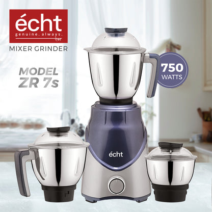 Echt ZR 7S Mixer Grinder 750 Watt, 3 Stainless Steel Jars, Wet Jar (1500 ml), Multipurpose Jar (1000 ml) and Chutney Jar (300ml) ; with 3 Speed Control, with 2 years warranty, Silver + Blue