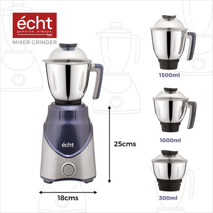 Echt ZR 7S Mixer Grinder 750 Watt, 3 Stainless Steel Jars, Wet Jar (1500 ml), Multipurpose Jar (1000 ml) and Chutney Jar (300ml) ; with 3 Speed Control, with 2 years warranty, Silver + Blue