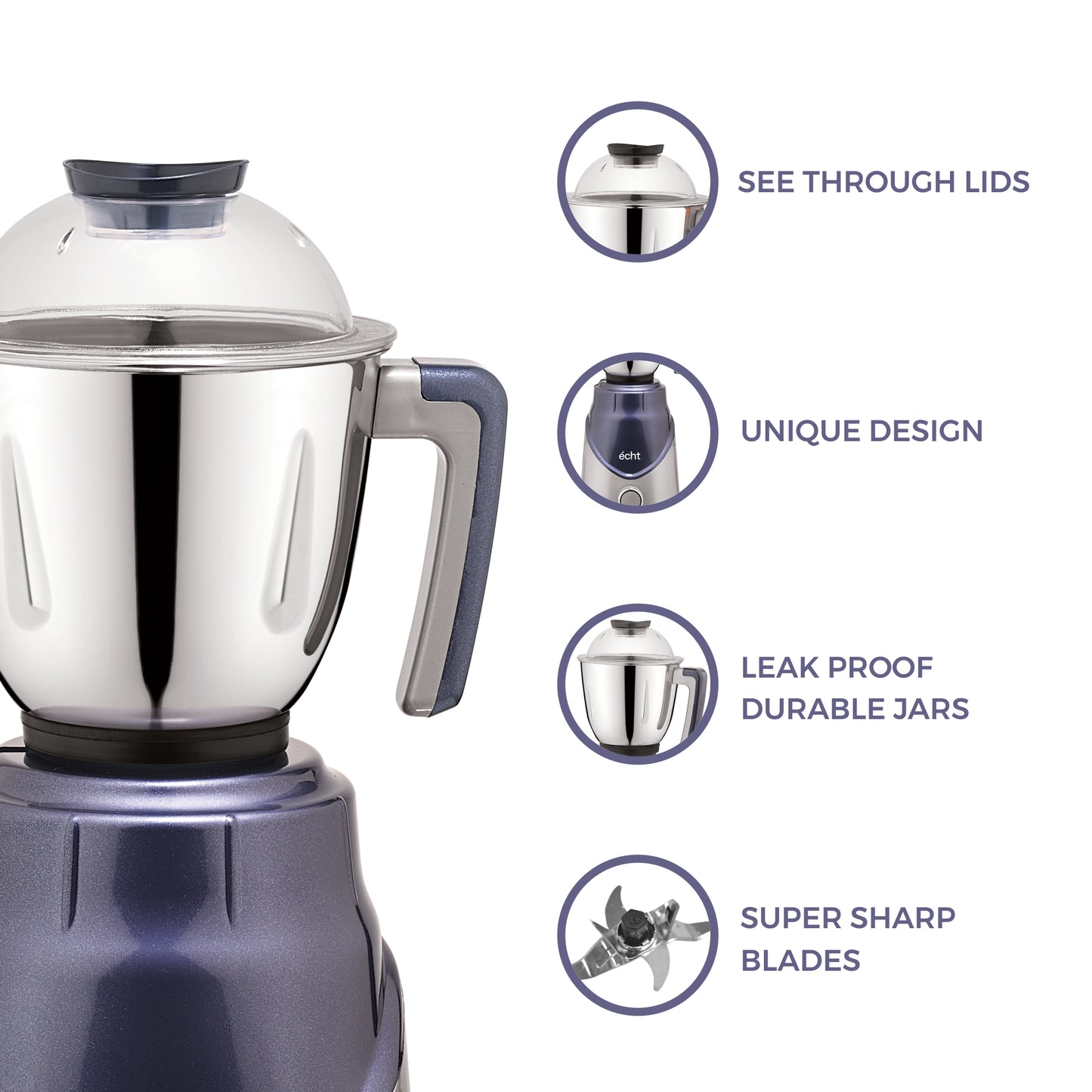 Echt ZR 7S Mixer Grinder 750 Watt, 3 Stainless Steel Jars, Wet Jar (1500 ml), Multipurpose Jar (1000 ml) and Chutney Jar (300ml) ; with 3 Speed Control, with 2 years warranty, Silver + Blue