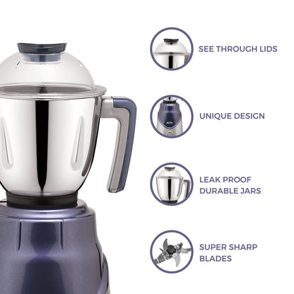 Echt ZR 7S Mixer Grinder 750 Watt, 3 Stainless Steel Jars, Wet Jar (1500 ml), Multipurpose Jar (1000 ml) and Chutney Jar (300ml) ; with 3 Speed Control, with 2 years warranty, Silver + Blue