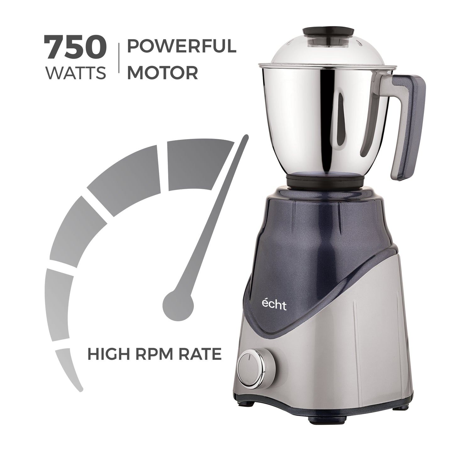 Echt ZR 7S Mixer Grinder 750 Watt, 3 Stainless Steel Jars, Wet Jar (1500 ml), Multipurpose Jar (1000 ml) and Chutney Jar (300ml) ; with 3 Speed Control, with 2 years warranty, Silver + Blue