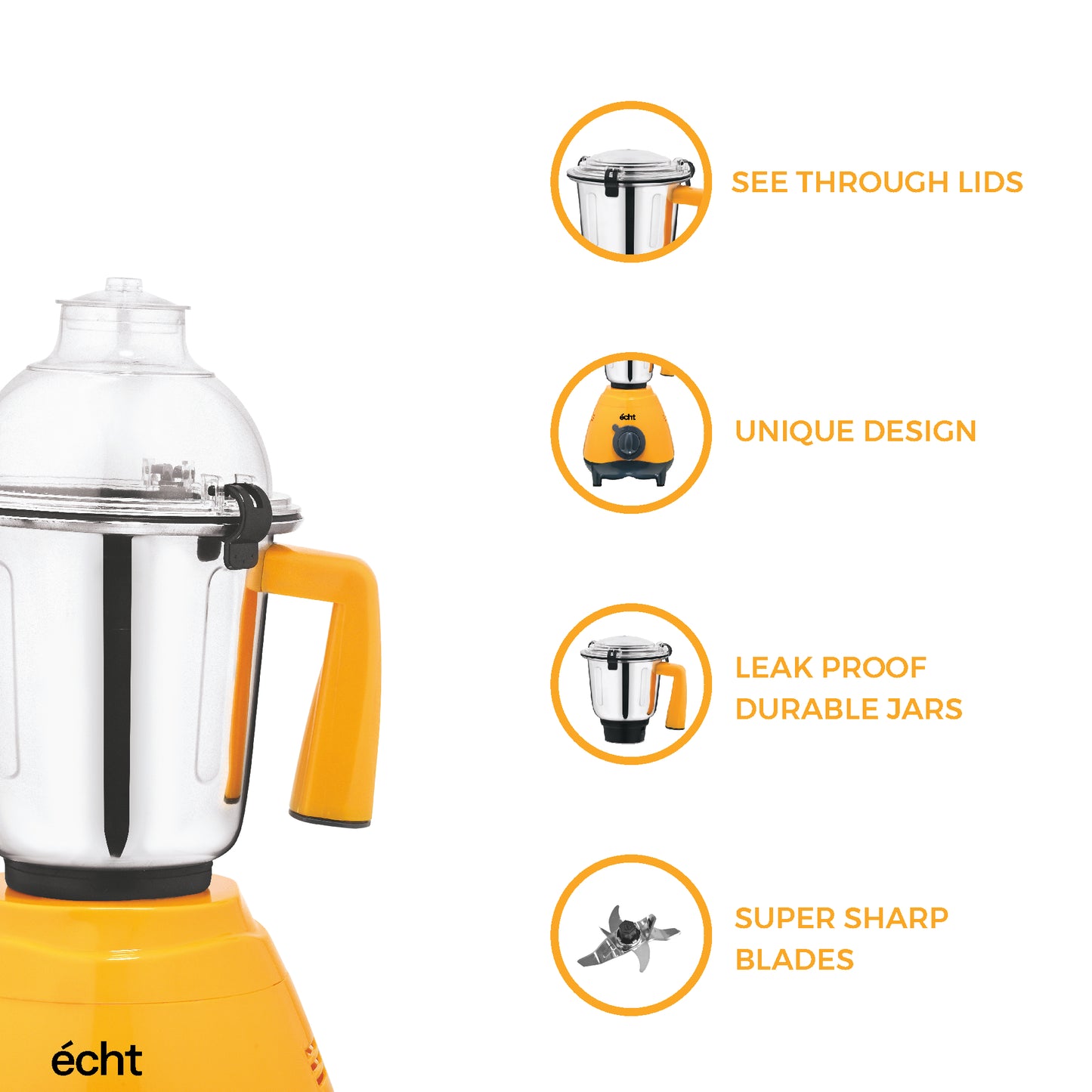 Echt GL 7S Mixer Grinder 750 Watt, 3 Stainless Steel Jars, Wet Jar (1500 ml), Multipurpose Jar (1000 ml) and Chutney Jar (300ml); with 3 Speed Control, with 2 years warranty, Mango + Grey