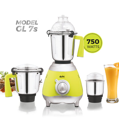 Echt GL 7S Mixer Grinder 750 Watt, 3 Stainless Steel Jars, Wet Jar (1500 ml), Multipurpose Jar (1000 ml) and Chutney Jar (300ml); with 3 Speed Control, with 2 years warranty, Green + Silver