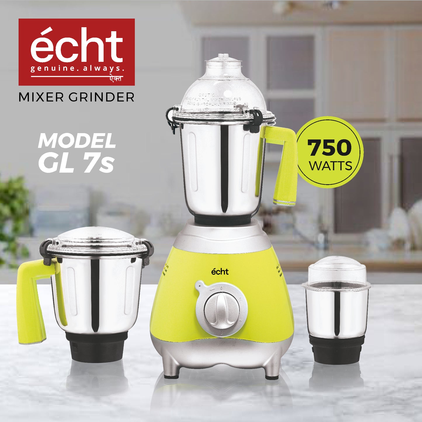 Echt GL 7S Mixer Grinder 750 Watt, 3 Stainless Steel Jars, Wet Jar (1500 ml), Multipurpose Jar (1000 ml) and Chutney Jar (300ml); with 3 Speed Control, with 2 years warranty, Green + Silver