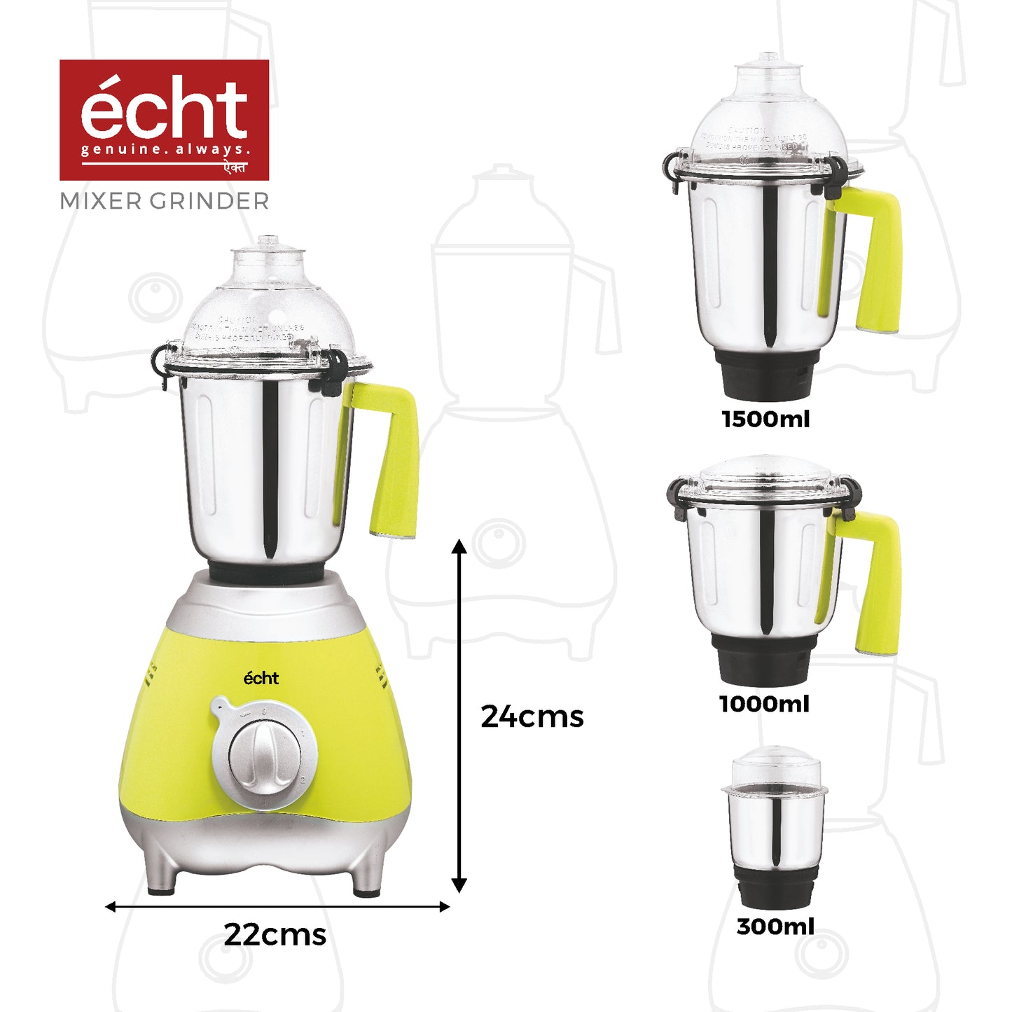 Echt GL 7S Mixer Grinder 750 Watt, 3 Stainless Steel Jars, Wet Jar (1500 ml), Multipurpose Jar (1000 ml) and Chutney Jar (300ml); with 3 Speed Control, with 2 years warranty, Green + Silver