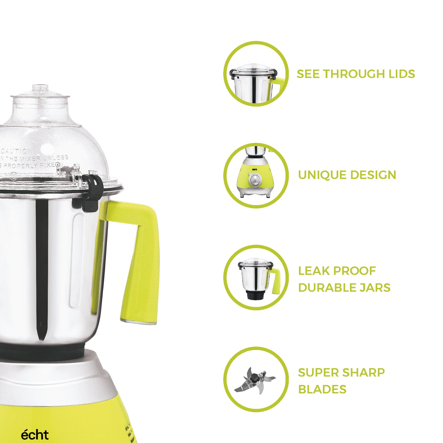 Echt GL 7S Mixer Grinder 750 Watt, 3 Stainless Steel Jars, Wet Jar (1500 ml), Multipurpose Jar (1000 ml) and Chutney Jar (300ml); with 3 Speed Control, with 2 years warranty, Green + Silver