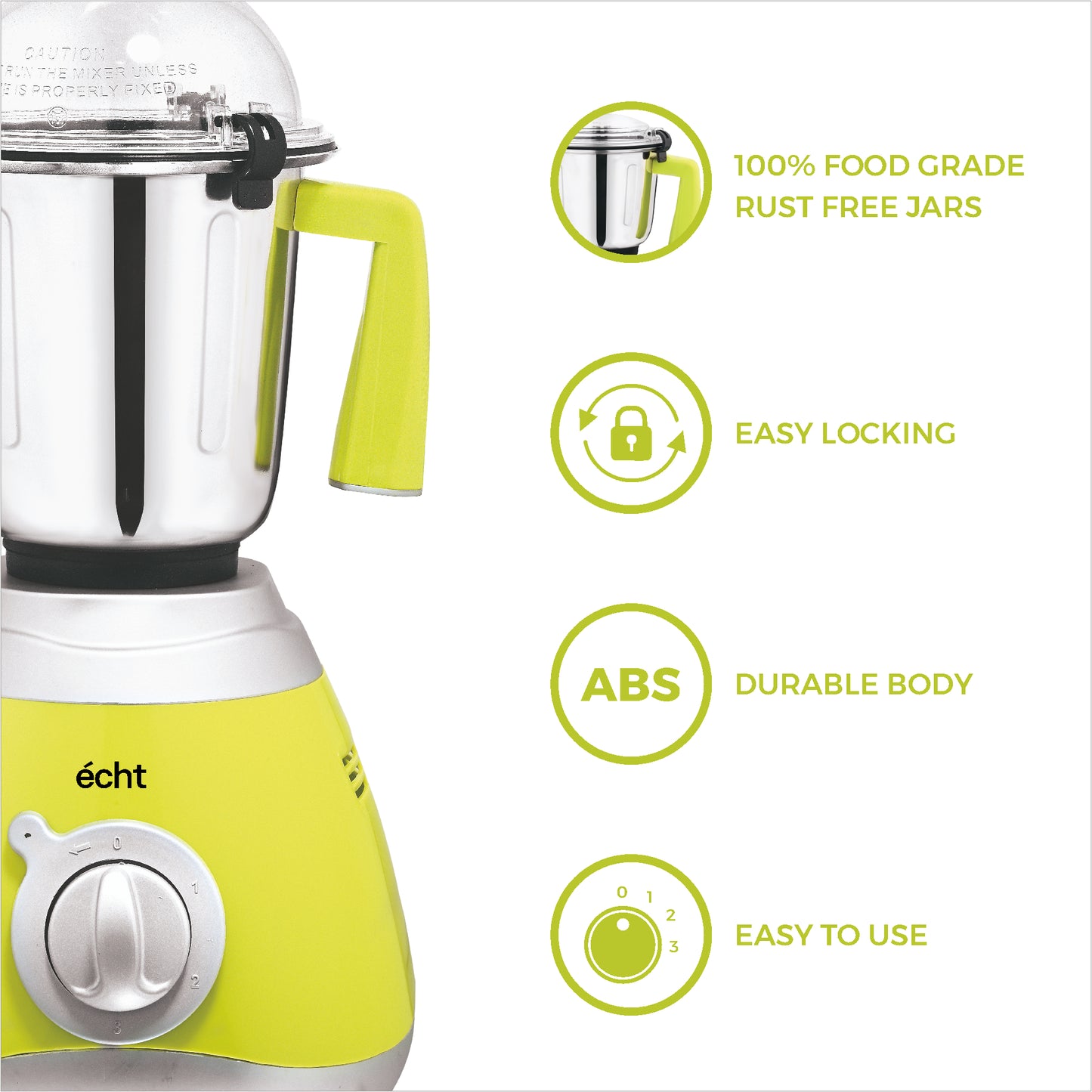 Echt GL 7S Mixer Grinder 750 Watt, 3 Stainless Steel Jars, Wet Jar (1500 ml), Multipurpose Jar (1000 ml) and Chutney Jar (300ml); with 3 Speed Control, with 2 years warranty, Green + Silver