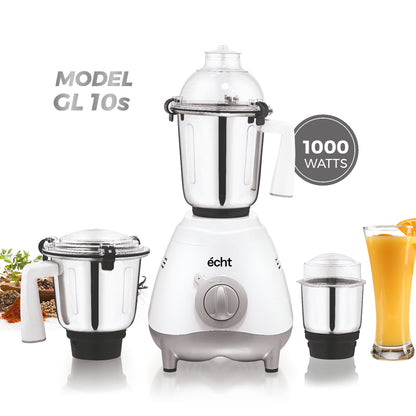 Echt GL 10S Mixer Grinder 1000 Watt, 3 Stainless Steel Jars, Wet Jar (1500 ml), Multipurpose Jar (1000 ml) and Chutney Jar (300ml); with 3 Speed Control, with 2 years warranty, White