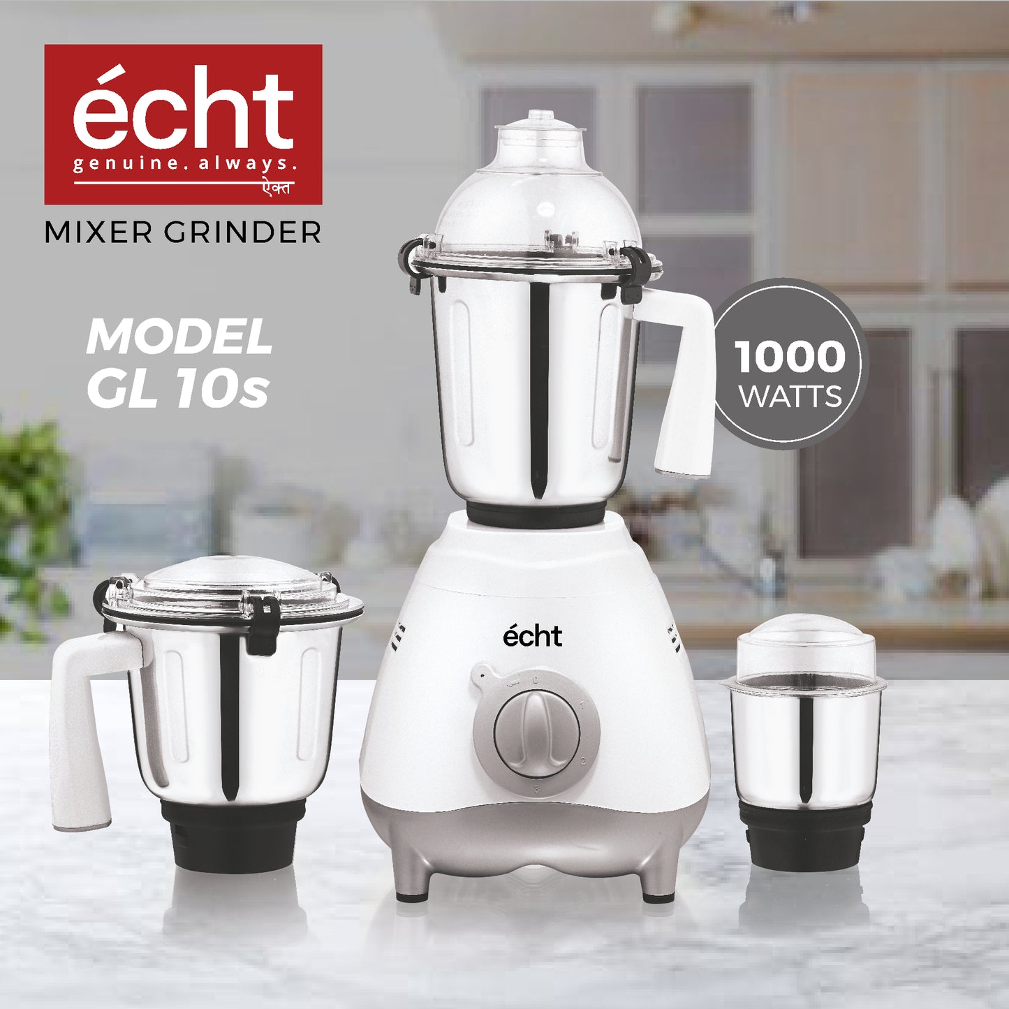 Echt GL 10S Mixer Grinder 1000 Watt, 3 Stainless Steel Jars, Wet Jar (1500 ml), Multipurpose Jar (1000 ml) and Chutney Jar (300ml); with 3 Speed Control, with 2 years warranty, White