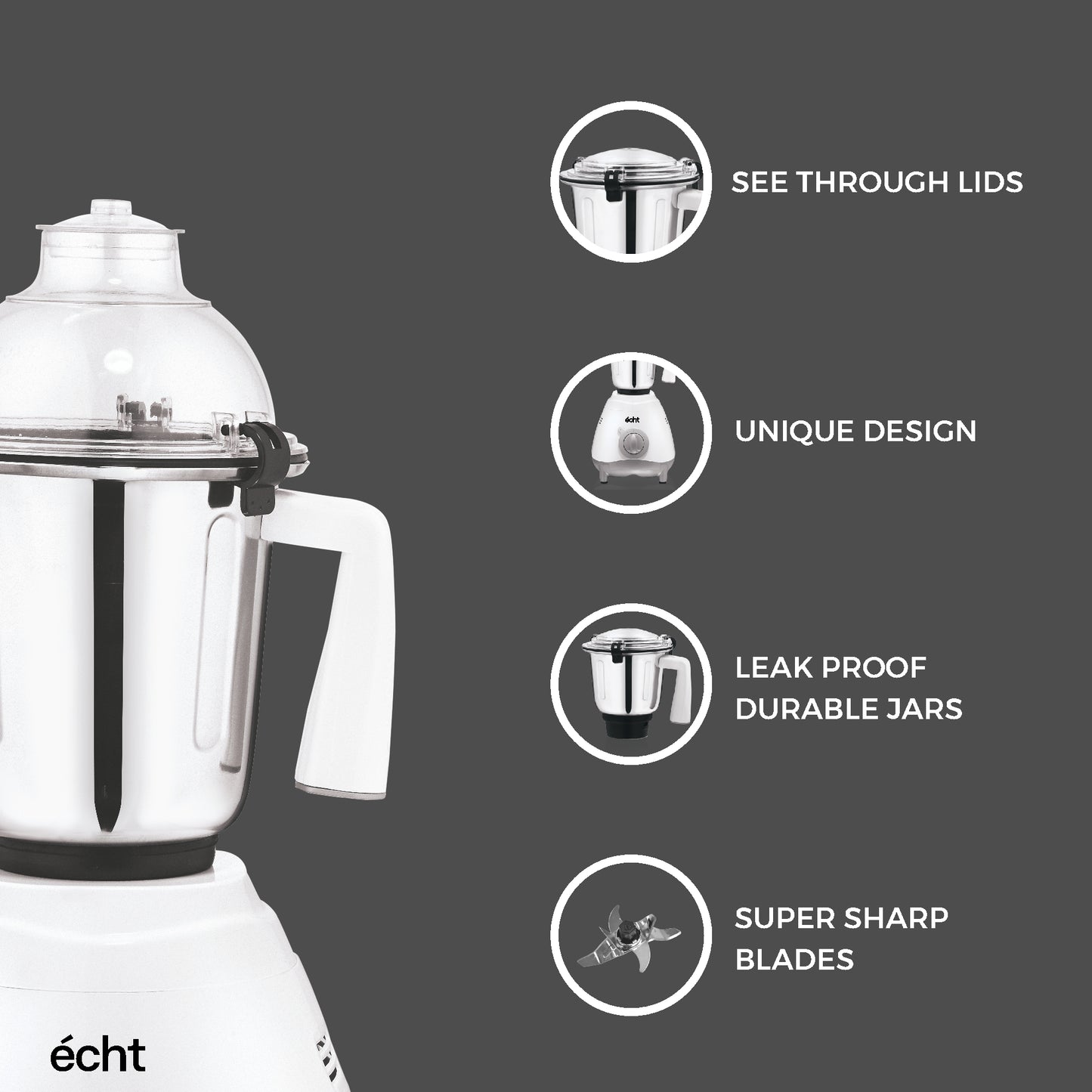 Echt GL 10S Mixer Grinder 1000 Watt, 3 Stainless Steel Jars, Wet Jar (1500 ml), Multipurpose Jar (1000 ml) and Chutney Jar (300ml); with 3 Speed Control, with 2 years warranty, White