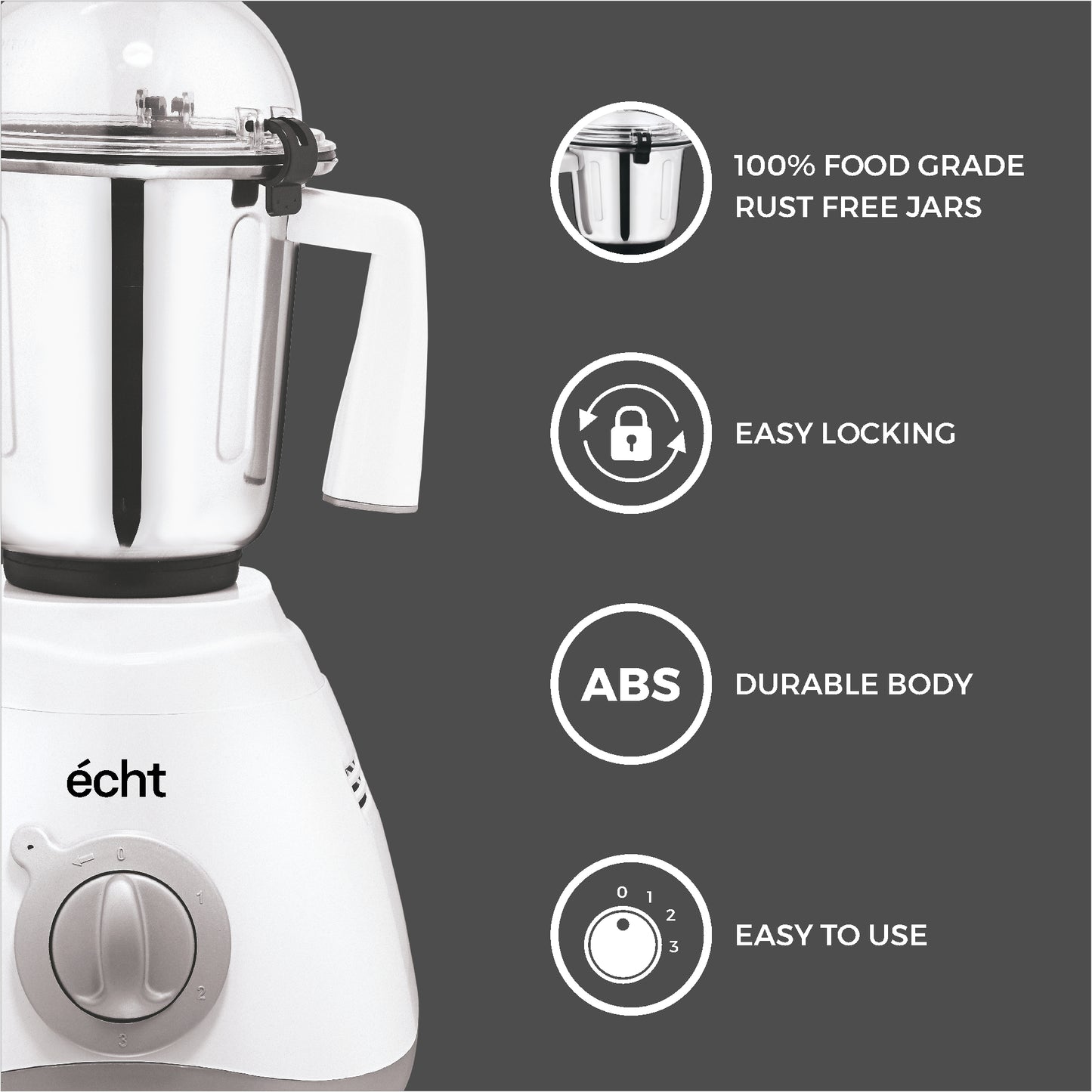 Echt GL 10S Mixer Grinder 1000 Watt, 3 Stainless Steel Jars, Wet Jar (1500 ml), Multipurpose Jar (1000 ml) and Chutney Jar (300ml); with 3 Speed Control, with 2 years warranty, White