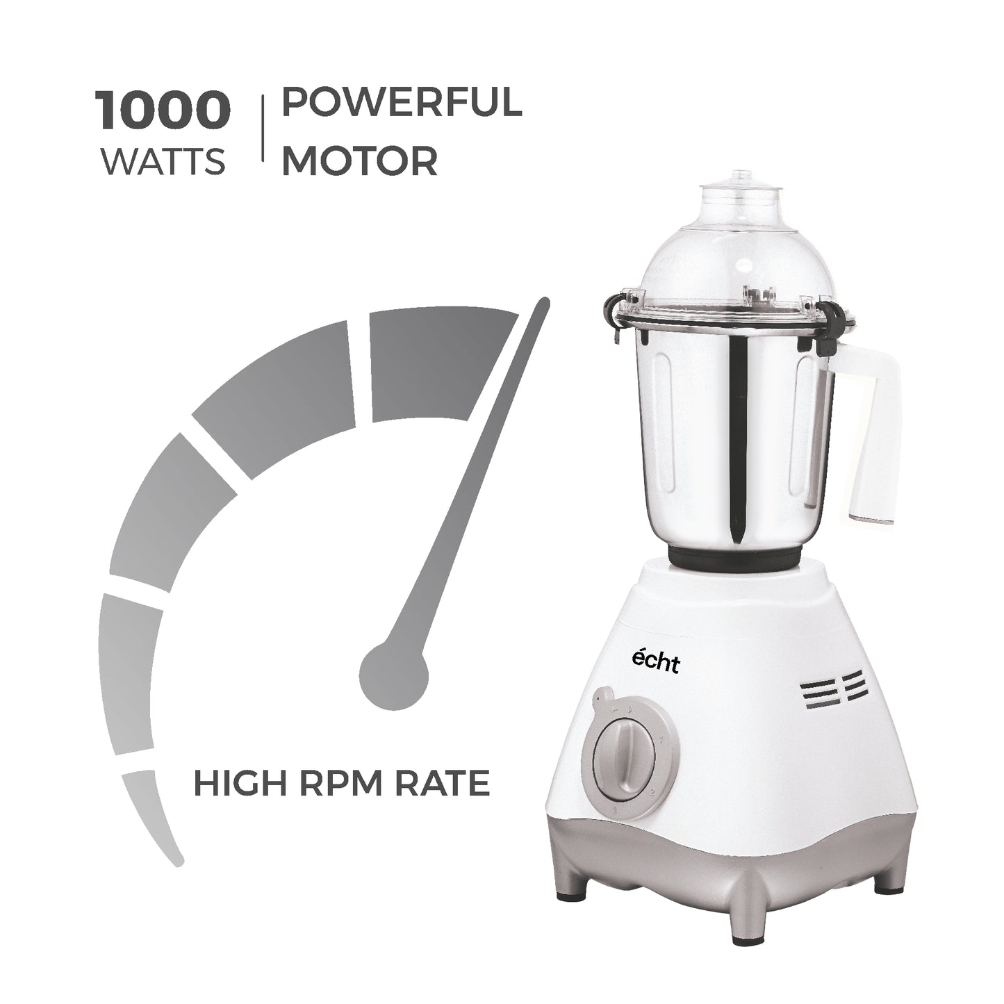 Echt GL 10S Mixer Grinder 1000 Watt, 3 Stainless Steel Jars, Wet Jar (1500 ml), Multipurpose Jar (1000 ml) and Chutney Jar (300ml); with 3 Speed Control, with 2 years warranty, White