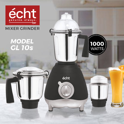 Echt GL 10S Mixer Grinder 1000 Watt, 3 Stainless Steel Jars, Wet Jar (1500 ml), Multipurpose Jar (1000 ml) and Chutney Jar (300ml); with 3 Speed Control, with 2 years warranty, Black