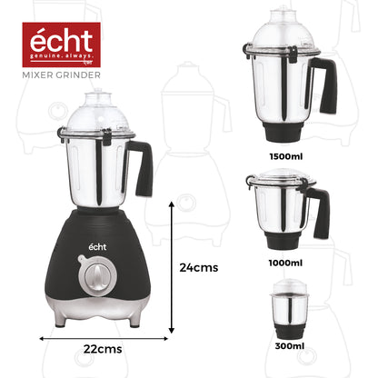 Echt GL 10S Mixer Grinder 1000 Watt, 3 Stainless Steel Jars, Wet Jar (1500 ml), Multipurpose Jar (1000 ml) and Chutney Jar (300ml); with 3 Speed Control, with 2 years warranty, Black