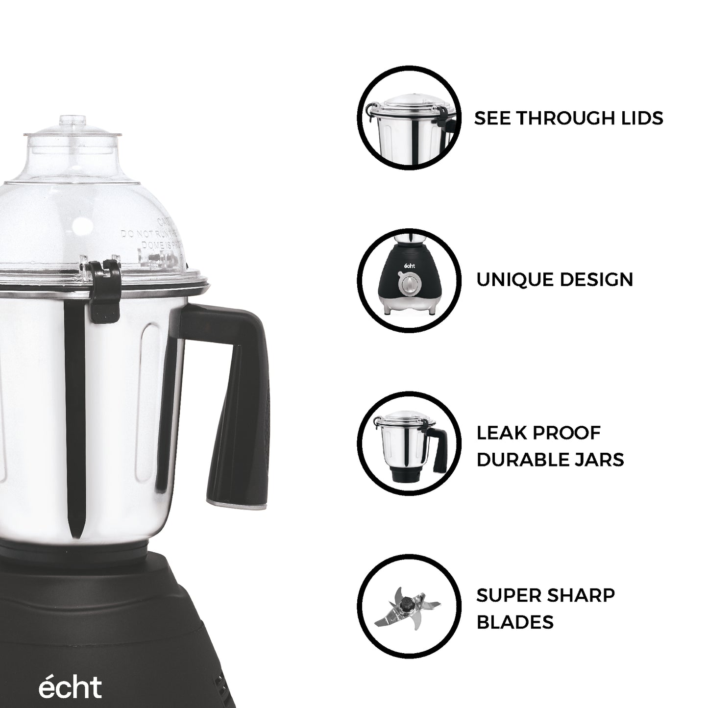 Echt GL 10S Mixer Grinder 1000 Watt, 3 Stainless Steel Jars, Wet Jar (1500 ml), Multipurpose Jar (1000 ml) and Chutney Jar (300ml); with 3 Speed Control, with 2 years warranty, Black