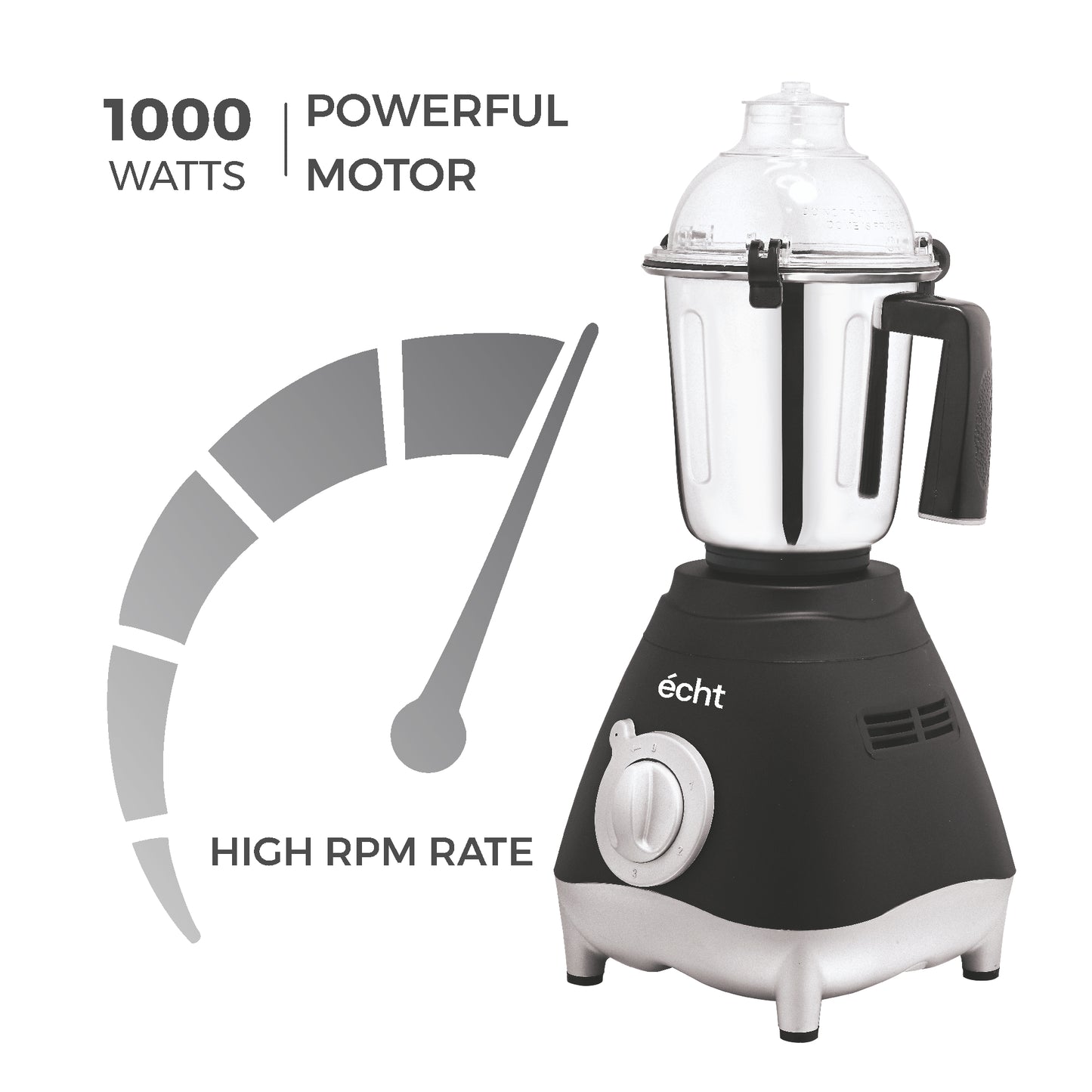 Echt GL 10S Mixer Grinder 1000 Watt, 3 Stainless Steel Jars, Wet Jar (1500 ml), Multipurpose Jar (1000 ml) and Chutney Jar (300ml); with 3 Speed Control, with 2 years warranty, Black