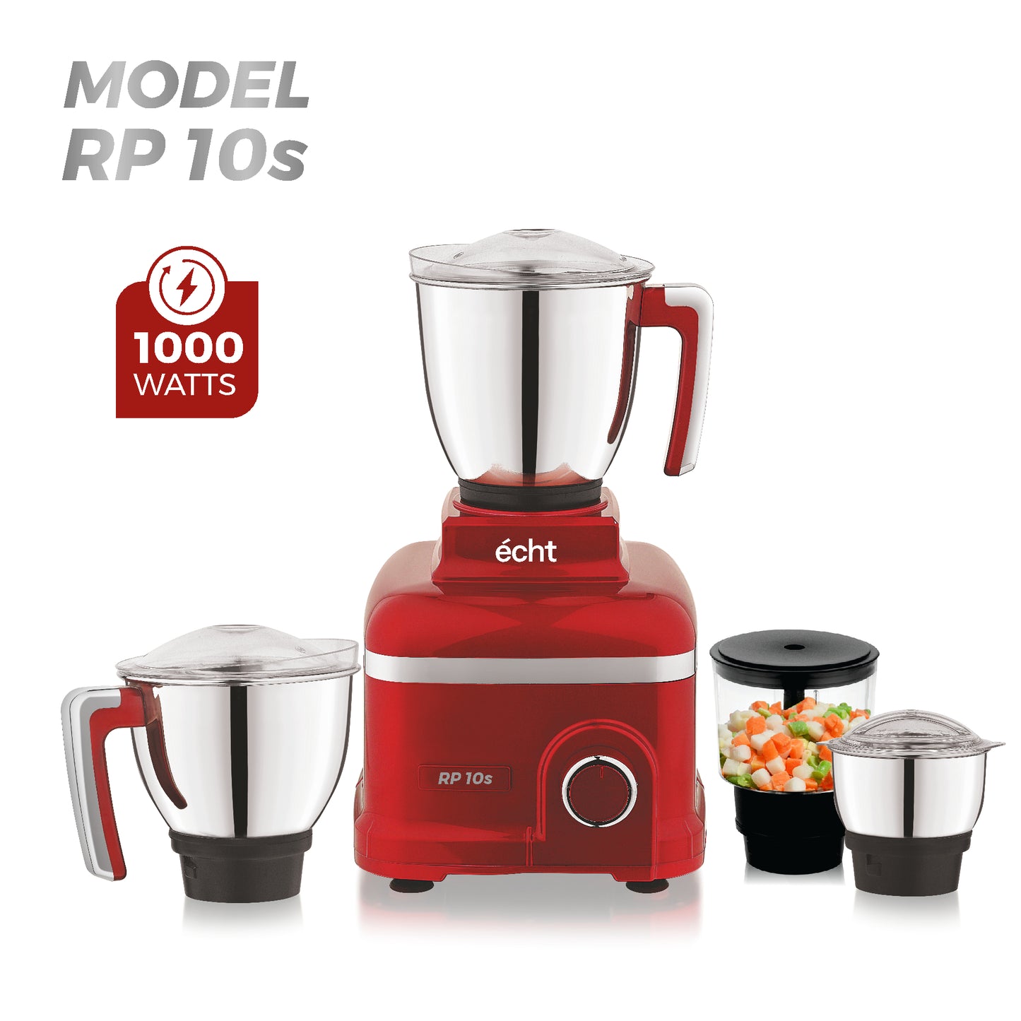 Echt RP 10s Mixer Grinder 1000 Watt,4 Stainless Steel Jars,Wet Jar (1500 ml), Multipurpose Jar (1000 ml), Chutney Jar (300 ml) and Chopper Jar (500ml);3 Speed Control, with 2 years warranty, Red