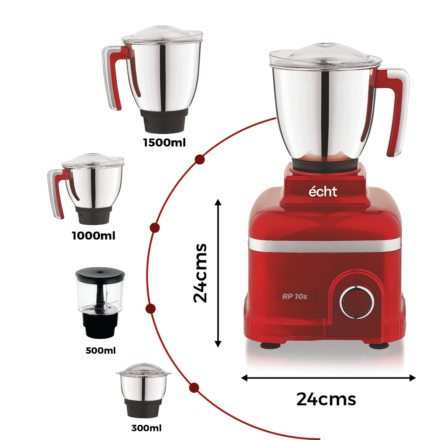 Echt RP 10s Mixer Grinder 1000 Watt,4 Stainless Steel Jars,Wet Jar (1500 ml), Multipurpose Jar (1000 ml), Chutney Jar (300 ml) and Chopper Jar (500ml);3 Speed Control, with 2 years warranty, Red