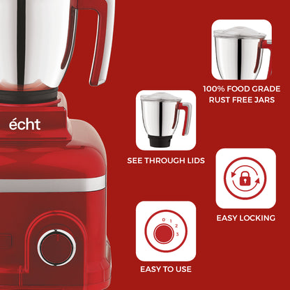 Echt RP 10s Mixer Grinder 1000 Watt,4 Stainless Steel Jars,Wet Jar (1500 ml), Multipurpose Jar (1000 ml), Chutney Jar (300 ml) and Chopper Jar (500ml);3 Speed Control, with 2 years warranty, Red