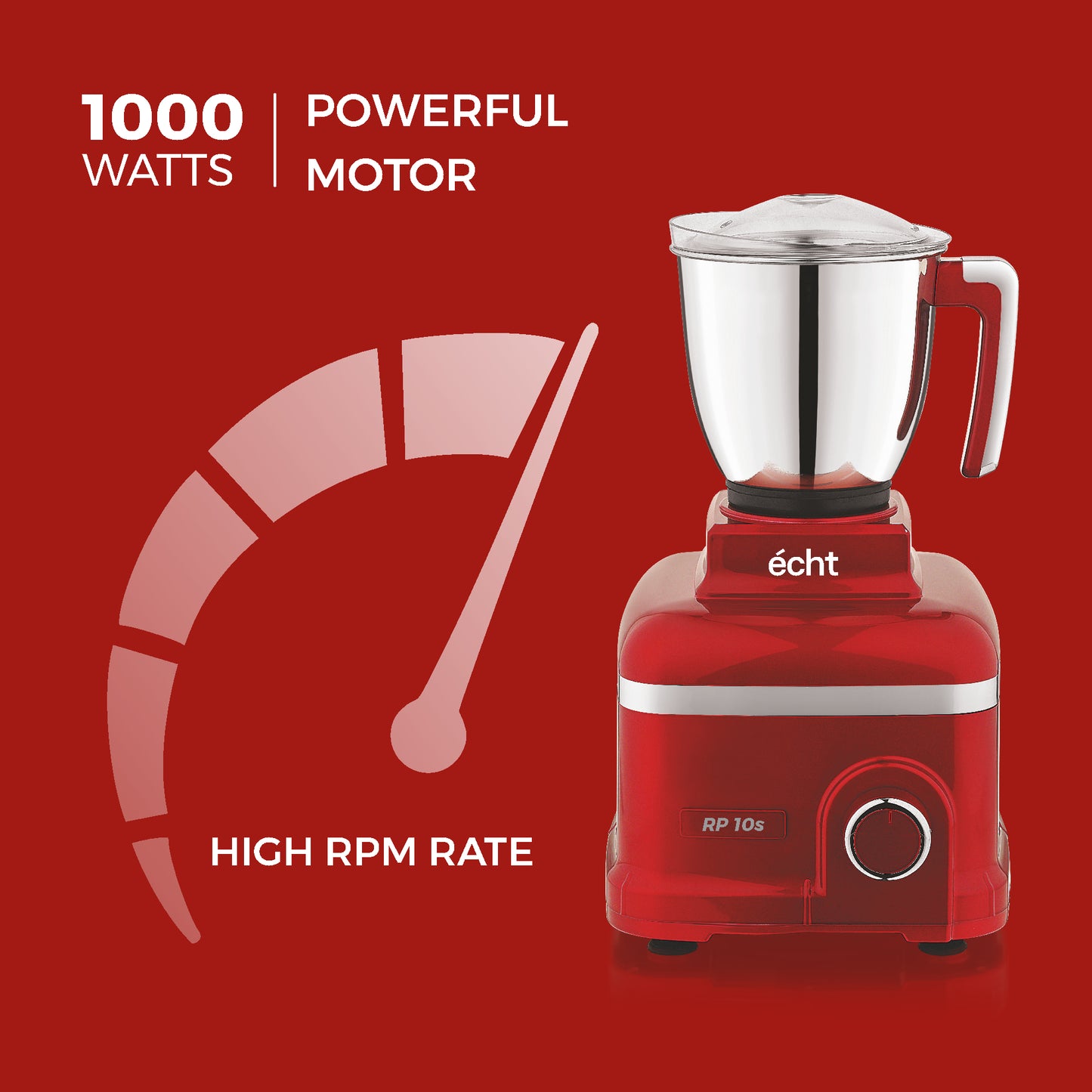 Echt RP 10s Mixer Grinder 1000 Watt,4 Stainless Steel Jars,Wet Jar (1500 ml), Multipurpose Jar (1000 ml), Chutney Jar (300 ml) and Chopper Jar (500ml);3 Speed Control, with 2 years warranty, Red