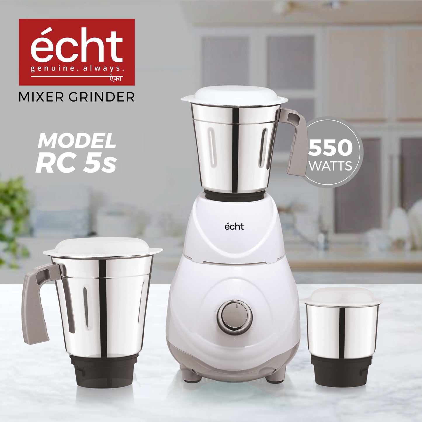 Echt RC 5s Mixer Grinder 550 Watt, 3 Stainless Steel Jars,Wet Jar (1500 ml), Multipurpose Jar (1000 ml), Chutney Jar (300 ml); with 3 Speed Control, with 2 years warranty, White