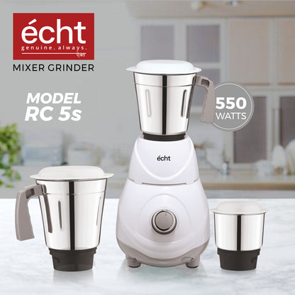 Echt RC 5s Mixer Grinder 550 Watt, 3 Stainless Steel Jars,Wet Jar (1500 ml), Multipurpose Jar (1000 ml), Chutney Jar (300 ml); with 3 Speed Control, with 2 years warranty, White