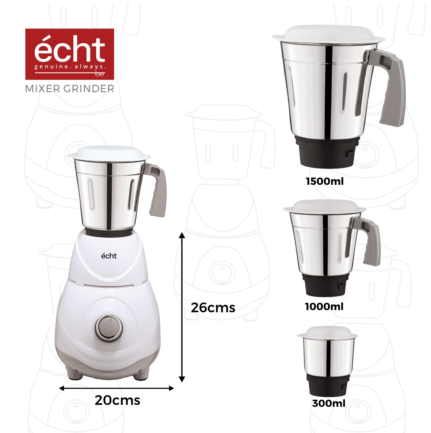 Echt RC 5s Mixer Grinder 550 Watt, 3 Stainless Steel Jars,Wet Jar (1500 ml), Multipurpose Jar (1000 ml), Chutney Jar (300 ml); with 3 Speed Control, with 2 years warranty, White