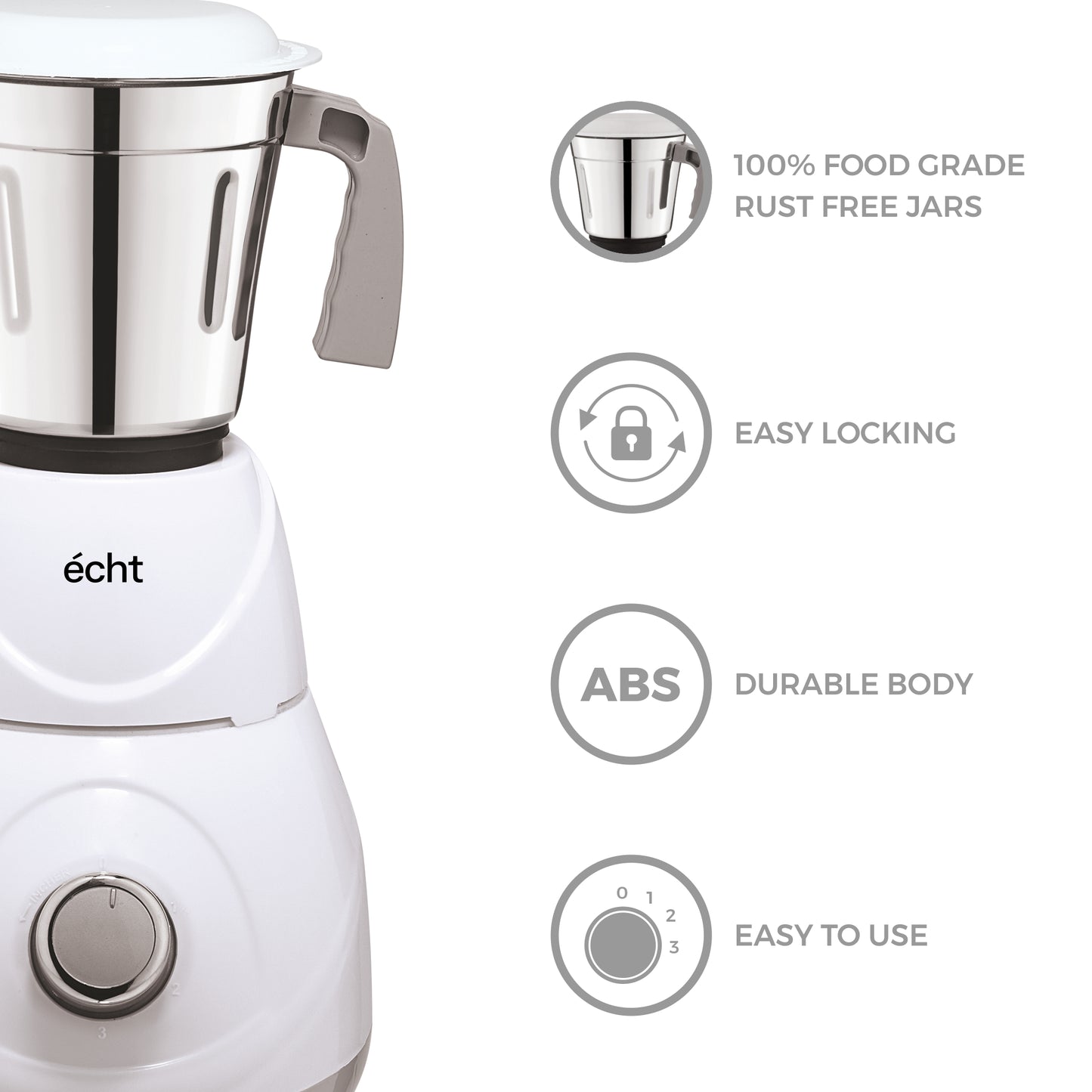 Echt RC 5s Mixer Grinder 550 Watt, 3 Stainless Steel Jars,Wet Jar (1500 ml), Multipurpose Jar (1000 ml), Chutney Jar (300 ml); with 3 Speed Control, with 2 years warranty, White