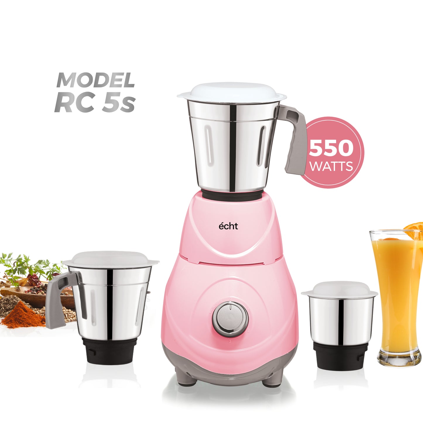 Echt RC 5s Mixer Grinder 550 Watt, 3 Stainless Steel Jars,Wet Jar (1500 ml), Multipurpose Jar (1000 ml), Chutney Jar (300 ml); with 3 Speed Control, with 2 years warranty, Pink