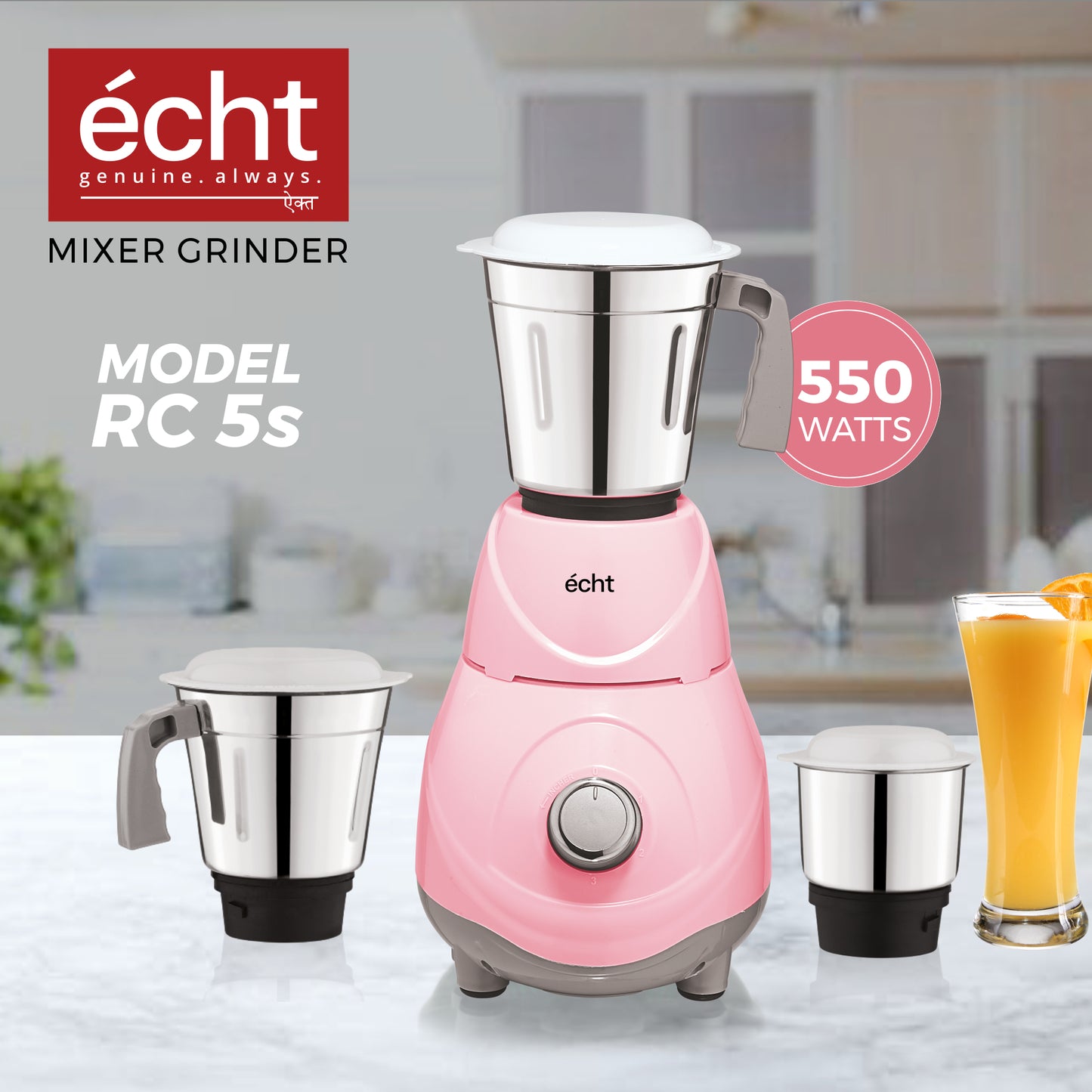 Echt RC 5s Mixer Grinder 550 Watt, 3 Stainless Steel Jars,Wet Jar (1500 ml), Multipurpose Jar (1000 ml), Chutney Jar (300 ml); with 3 Speed Control, with 2 years warranty, Pink