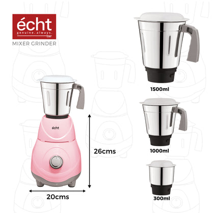 Echt RC 5s Mixer Grinder 550 Watt, 3 Stainless Steel Jars,Wet Jar (1500 ml), Multipurpose Jar (1000 ml), Chutney Jar (300 ml); with 3 Speed Control, with 2 years warranty, Pink