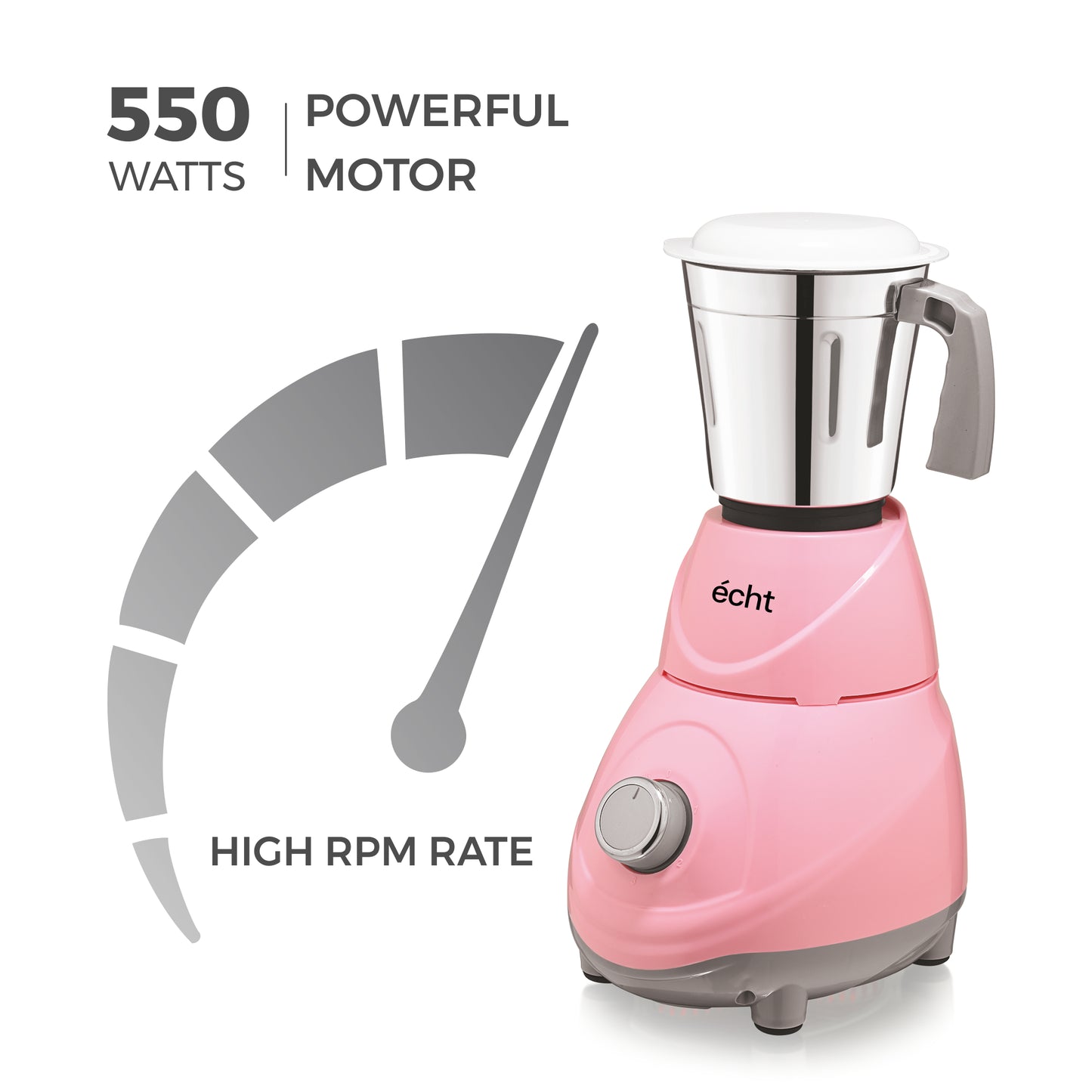 Echt RC 5s Mixer Grinder 550 Watt, 3 Stainless Steel Jars,Wet Jar (1500 ml), Multipurpose Jar (1000 ml), Chutney Jar (300 ml); with 3 Speed Control, with 2 years warranty, Pink