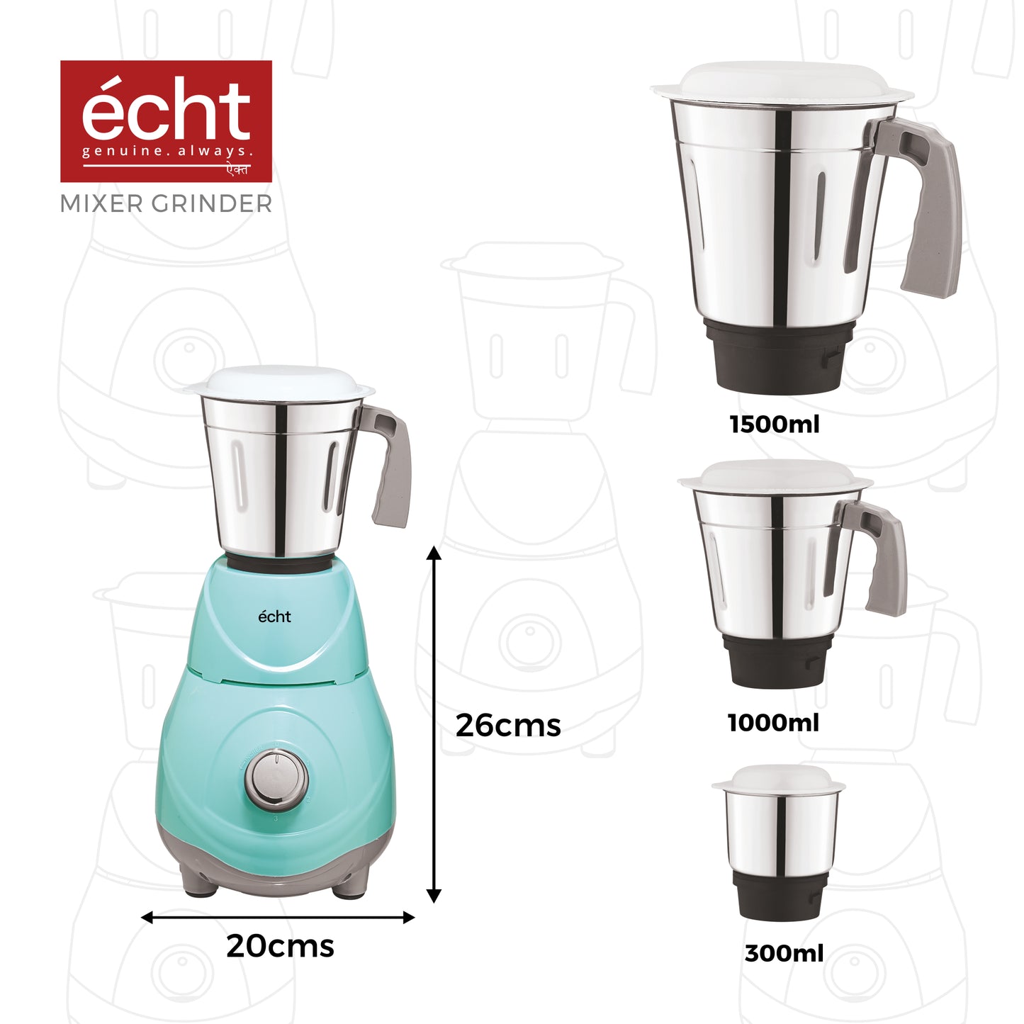 Echt RC 5s Mixer Grinder 550 Watt, 3 Stainless Steel Jars,Wet Jar (1500 ml), Multipurpose Jar (1000 ml), Chutney Jar (300 ml); with 3 Speed Control, with 2 years warranty, Green