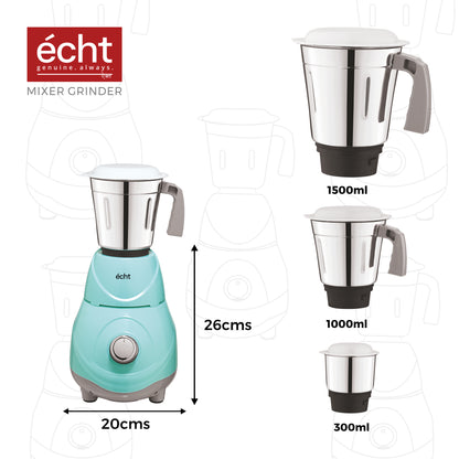 Echt RC 5s Mixer Grinder 550 Watt, 3 Stainless Steel Jars,Wet Jar (1500 ml), Multipurpose Jar (1000 ml), Chutney Jar (300 ml); with 3 Speed Control, with 2 years warranty, Green