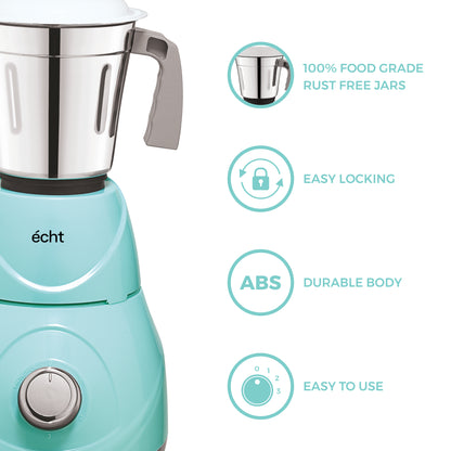 Echt RC 5s Mixer Grinder 550 Watt, 3 Stainless Steel Jars,Wet Jar (1500 ml), Multipurpose Jar (1000 ml), Chutney Jar (300 ml); with 3 Speed Control, with 2 years warranty, Green