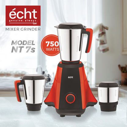 Echt NT 7s Mixer Grinder 750 Watt, 3 Stainless Steel Jars,Wet Jar (1500 ml), Multipurpose Jar (1000 ml), Chutney Jar (300ml); with 3 Speed Control, with 2 years warranty, Rust