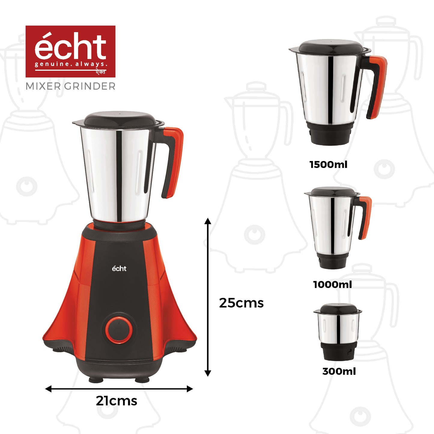 Echt NT 7s Mixer Grinder 750 Watt, 3 Stainless Steel Jars,Wet Jar (1500 ml), Multipurpose Jar (1000 ml), Chutney Jar (300ml); with 3 Speed Control, with 2 years warranty, Rust