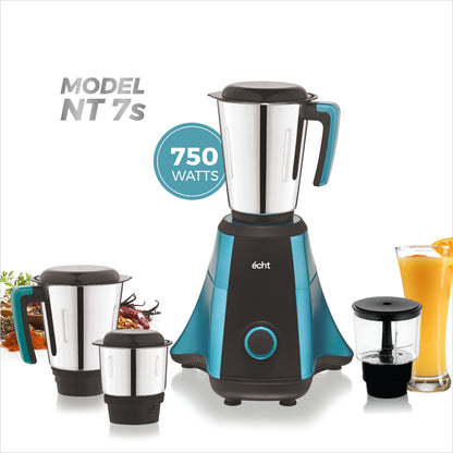 Echt NT 7s Mixer Grinder 750 Watt, 4 Stainless Steel Jars,Wet Jar (1500 ml), Multipurpose Jar (1000 ml), Chutney Jar (300ml) & Chopper Jar (500ml); with 3 Speed Control, with 2 years warranty, Blue