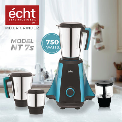 Echt NT 7s Mixer Grinder 750 Watt, 4 Stainless Steel Jars,Wet Jar (1500 ml), Multipurpose Jar (1000 ml), Chutney Jar (300ml) & Chopper Jar (500ml); with 3 Speed Control, with 2 years warranty, Blue