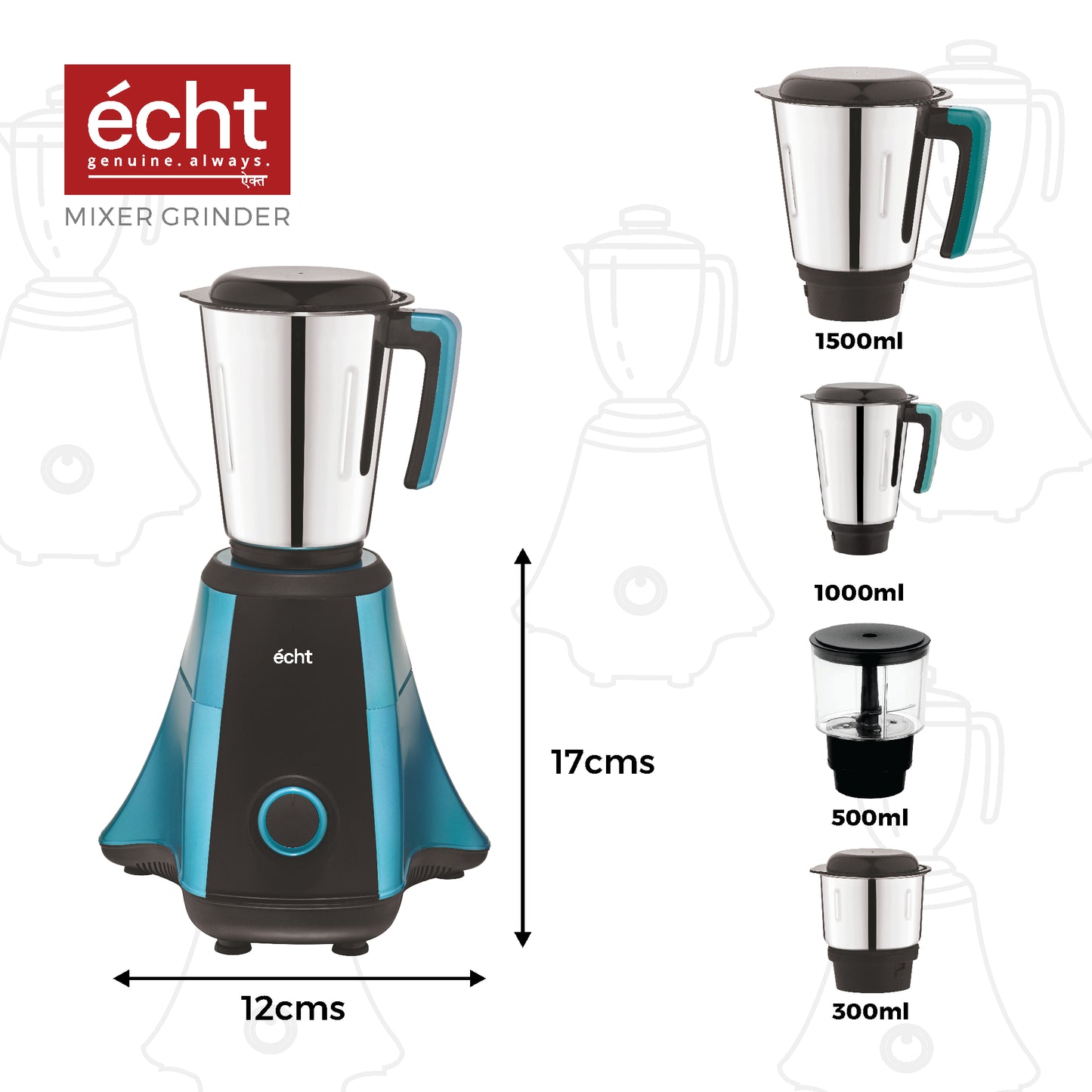 Echt NT 7s Mixer Grinder 750 Watt, 4 Stainless Steel Jars,Wet Jar (1500 ml), Multipurpose Jar (1000 ml), Chutney Jar (300ml) & Chopper Jar (500ml); with 3 Speed Control, with 2 years warranty, Blue