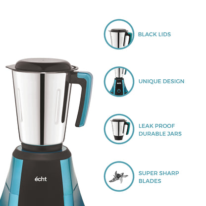 Echt NT 7s Mixer Grinder 750 Watt, 4 Stainless Steel Jars,Wet Jar (1500 ml), Multipurpose Jar (1000 ml), Chutney Jar (300ml) & Chopper Jar (500ml); with 3 Speed Control, with 2 years warranty, Blue