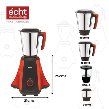 Echt NT 7s Mixer Grinder 750 Watt, 4 Stainless Steel Jars,Wet Jar (1500 ml), Multipurpose Jar (1000 ml), Chutney Jar (300ml) & Chopper Jar (500ml); with 3 Speed Control, with 2 years warranty,Rust