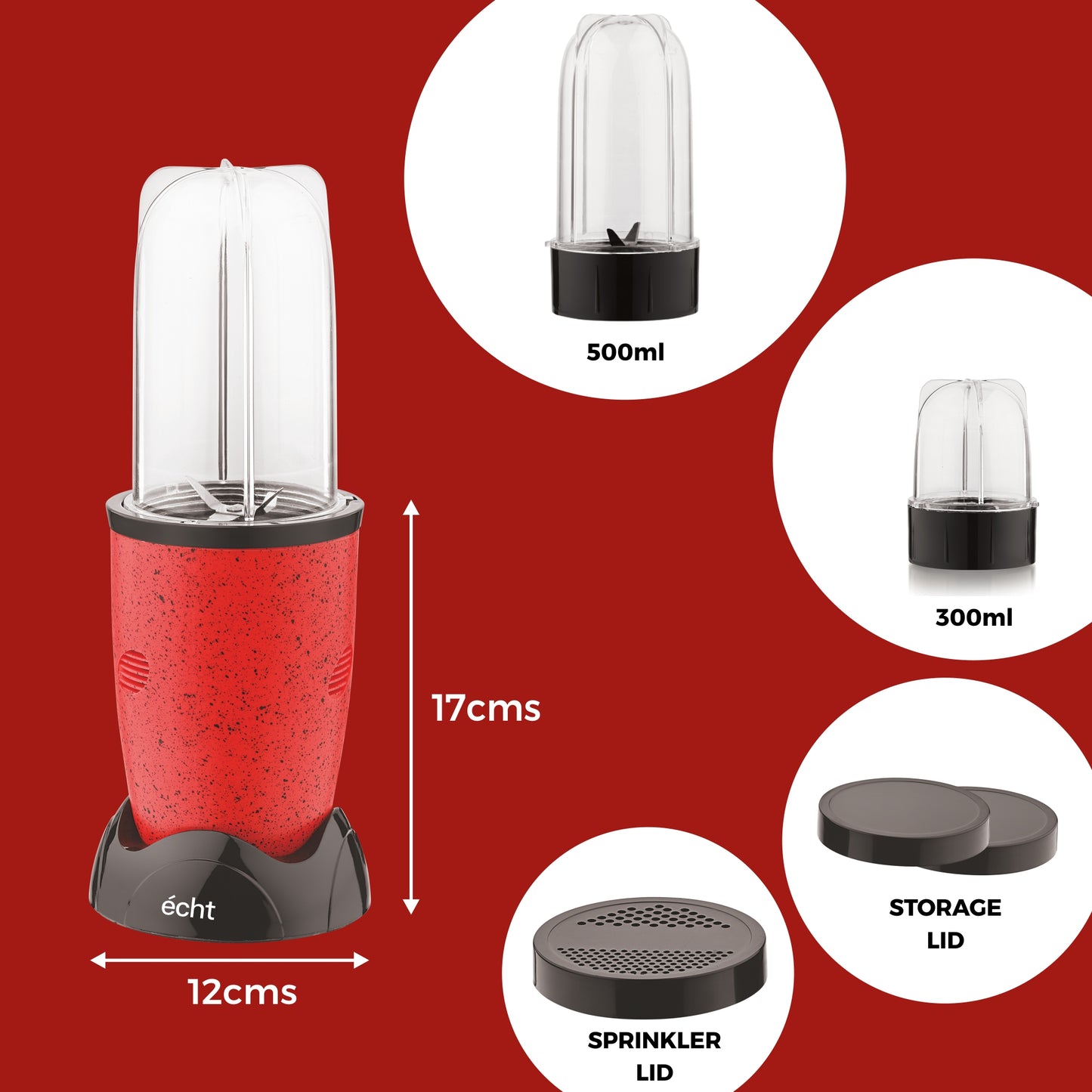 NUTRI BLENDER Grinder by Echt, NB4s 450 Watt,2 Multi purpose Jars for juices, smoothies, shakes, chutneys and dry masala; The Long Jar (500ml) & the Short Jar (300ml) 2 years warranty, Red Splatter