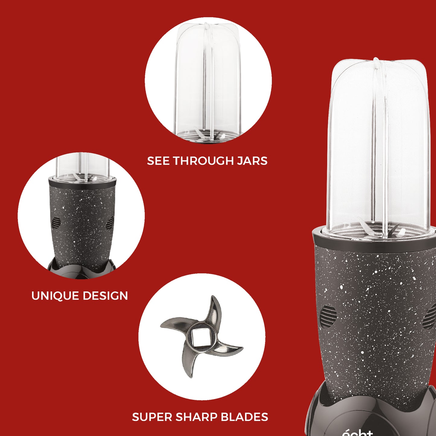 NUTRI BLENDER Grinder by Echt, NB4s 450 Watt,2 Multi purpose Jars for juices, smoothies, shakes, chutneys and dry masala; The Long Jar (500ml) & the Short Jar (300ml) 2 years warranty, Black Splatter